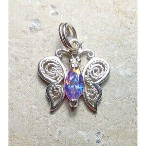 Vintage Sterling Silver Filigree AB Crystal Butterfly Pendant Charm